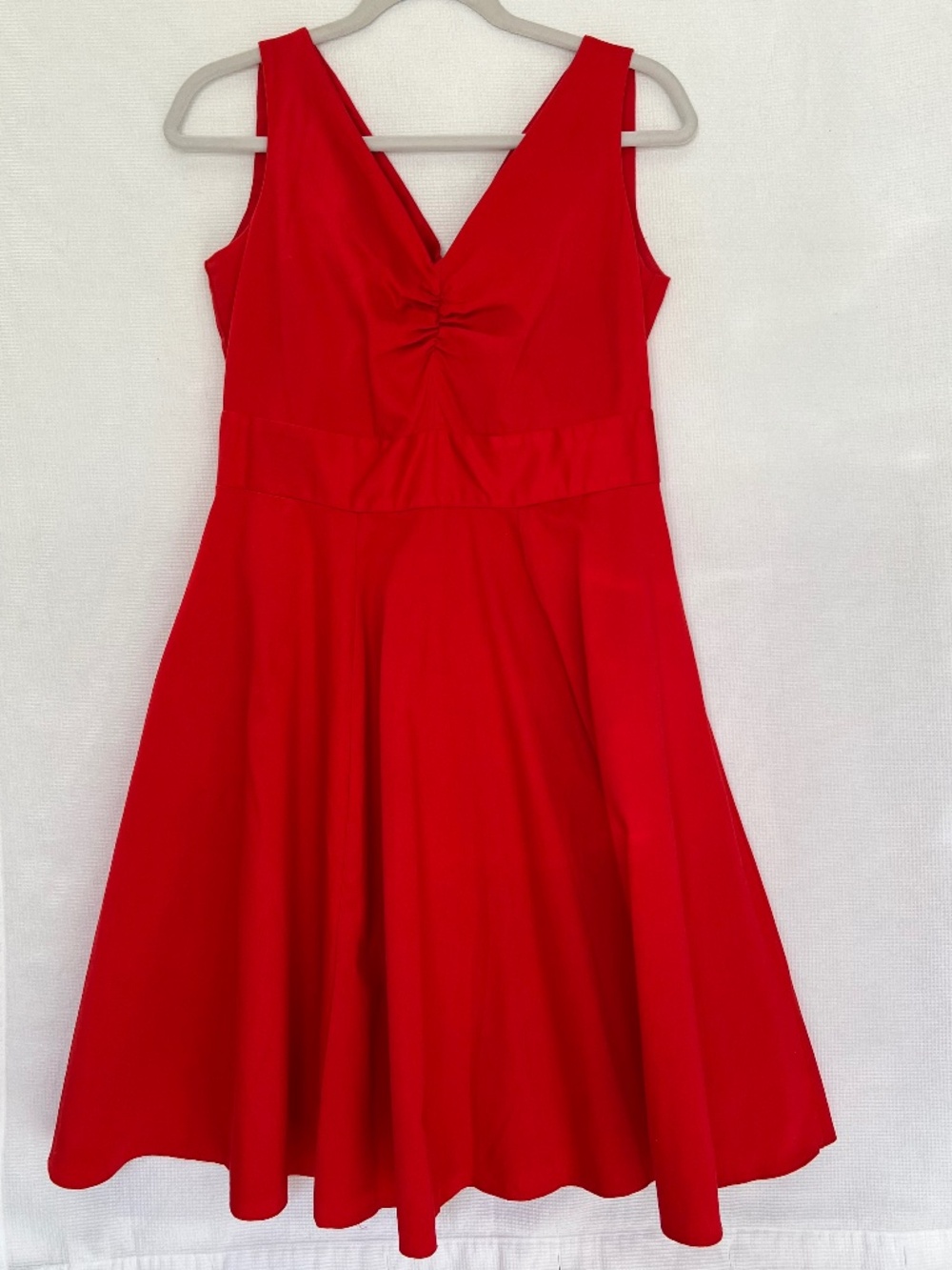 Heroines Red Ruched V-Neck A-Line Swing Dress Pleated Flare Cotton size S